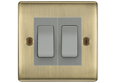 BG Nexus Antique Brass 2-Gang Light Switch 1x 2-Way + 1x Intermediate – Grey Inserts