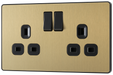 PCDSB22B Front - This Evolve Satin Brass 13A double switched socket from British General has been designed with angled in line colour coded terminals and backed out captive screws for ease of installation, and fits a 25mm back box making it an ideal retro-fit replacement for existing sockets.
