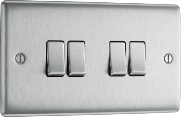 NBS44 Front - This brushed steel finish 20A 16AX quadruple light switch from British General can operate 4 different lights whilst the 2 way switching allows a second switch to be added to the circuit to operate the same light from another location (e.g. at the top and bottom of the stairs).