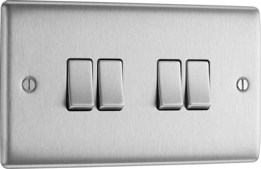 NBS44 Front - This brushed steel finish 20A 16AX quadruple light switch from British General can operate 4 different lights whilst the 2 way switching allows a second switch to be added to the circuit to operate the same light from another location (e.g. at the top and bottom of the stairs).