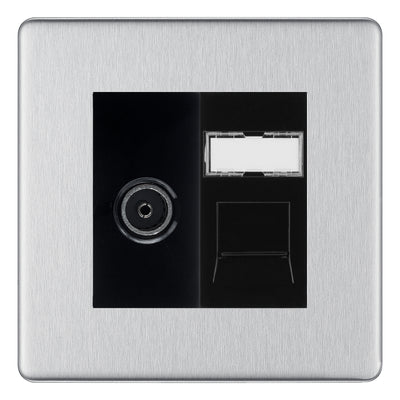 BG Screwless Brushed Steel TV Aerial & RJ45 CAT6 Data Socket - Black Insert