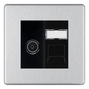 BG Screwless Brushed Steel TV Aerial & RJ45 CAT6 Data Socket - Black Insert