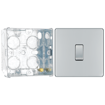 BG Screwless Polished Chrome 20A 16AX 2 Way Single Light Switch FPC12 with 35mm Steel Back Box