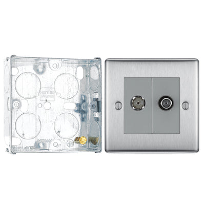 BG Nexus Brushed Steel 2 Gang Satellite & Co-axial Socket NBS65 with 25mm Steel Back Box by British General (BG-NBS65+HGS02)
