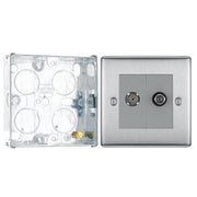 BG Nexus Brushed Steel 2 Gang Satellite & Co-axial Socket NBS65 with 25mm Steel Back Box by British General (BG-NBS65+HGS02)
