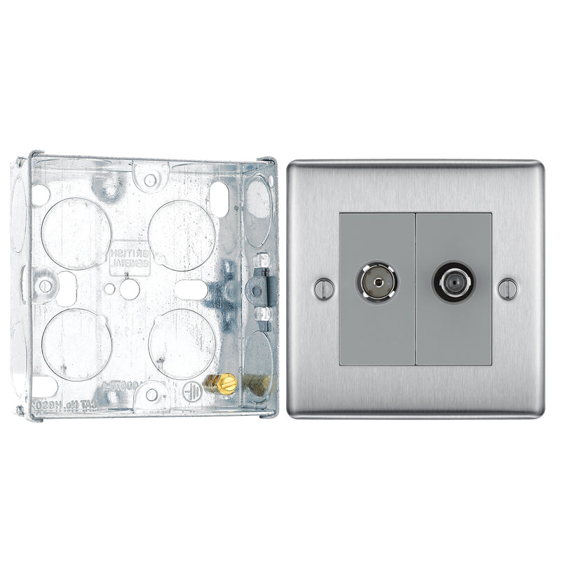 BG Nexus Brushed Steel 2 Gang Satellite & Co-axial Socket NBS65 with 25mm Steel Back Box