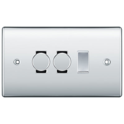 BG Polished Chrome 3 Gang Light Switch 2x Trailing Edge LED Dimmer 1x 2 Way Custom Switch