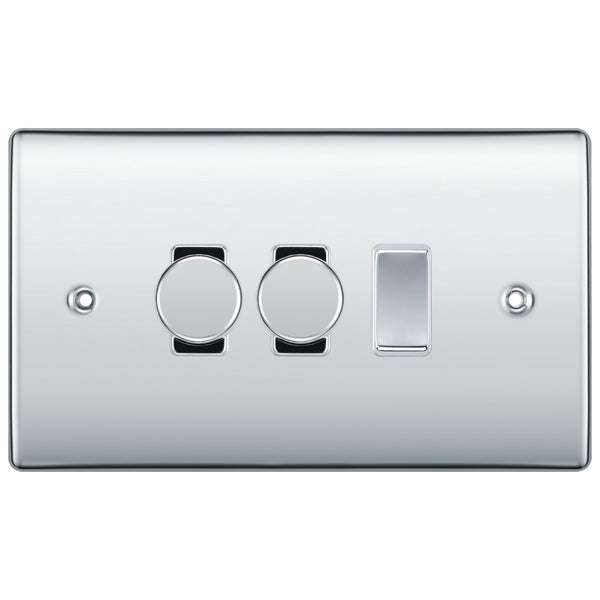 BG Polished Chrome 3 Gang Light Switch 2x Trailing Edge LED Dimmer 1x 2 Way Custom Switch