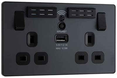 PCDMG22UWRB Front - This Evolve Matt Grey 13A double power socket with integrated Wi-Fi Extender from British General will eliminate dead spots and expand your Wi-Fi coverage.