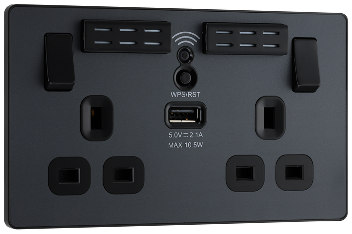 PCDMG22UWRB Front - This Evolve Matt Grey 13A double power socket with integrated Wi-Fi Extender from British General will eliminate dead spots and expand your Wi-Fi coverage.