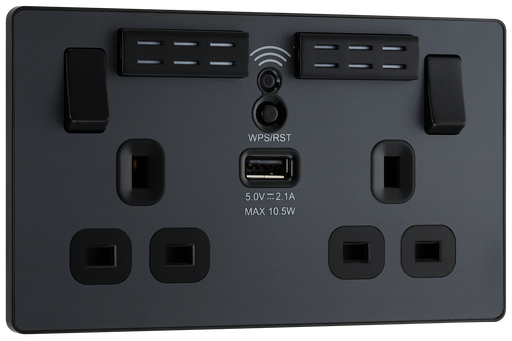 PCDMG22UWRB Front - This Evolve Matt Grey 13A double power socket with integrated Wi-Fi Extender from British General will eliminate dead spots and expand your Wi-Fi coverage.