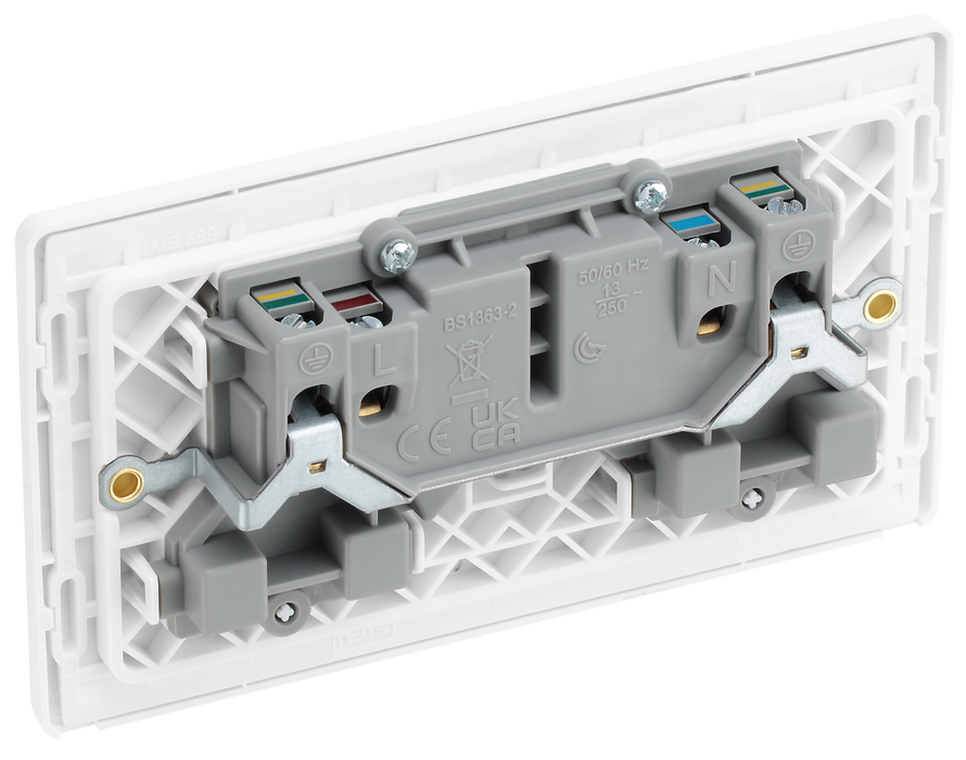 PCDCL22W Back - This Evolve pearlescent white 13A double switched socket from British General has been designed with angled in line colour coded terminals and backed out captive screws for ease of installation, and fits a 25mm back box making it an ideal retro-fit replacement for existing sockets. 