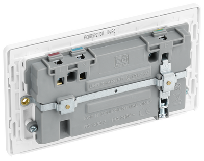 PCDBS22U3W Back - This Evolve Brushed Steel 13A double power socket from British General comes with two USB charging ports, allowing you to plug in an electrical device and charge mobile devices simultaneously without having to sacrifice a power socket.