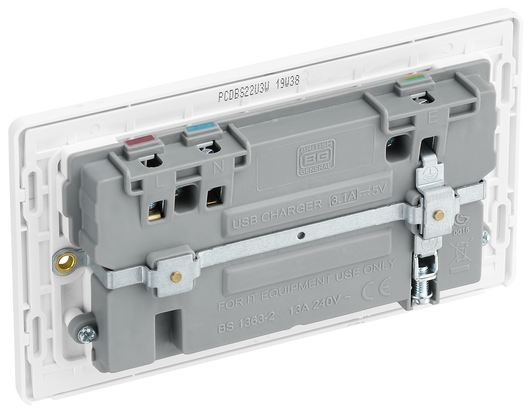 PCDBS22U3W Back - This Evolve Brushed Steel 13A double power socket from British General comes with two USB charging ports, allowing you to plug in an electrical device and charge mobile devices simultaneously without having to sacrifice a power socket.