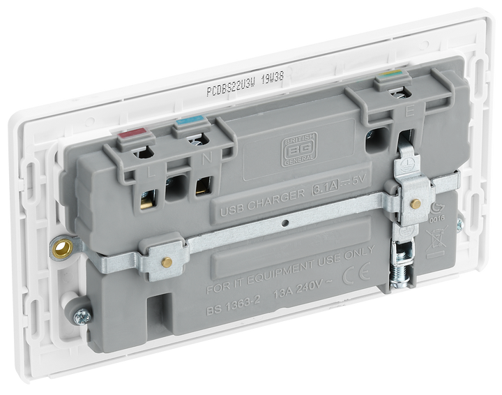 PCDBS22U3W Back - This Evolve Brushed Steel 13A double power socket from British General comes with two USB charging ports, allowing you to plug in an electrical device and charge mobile devices simultaneously without having to sacrifice a power socket.