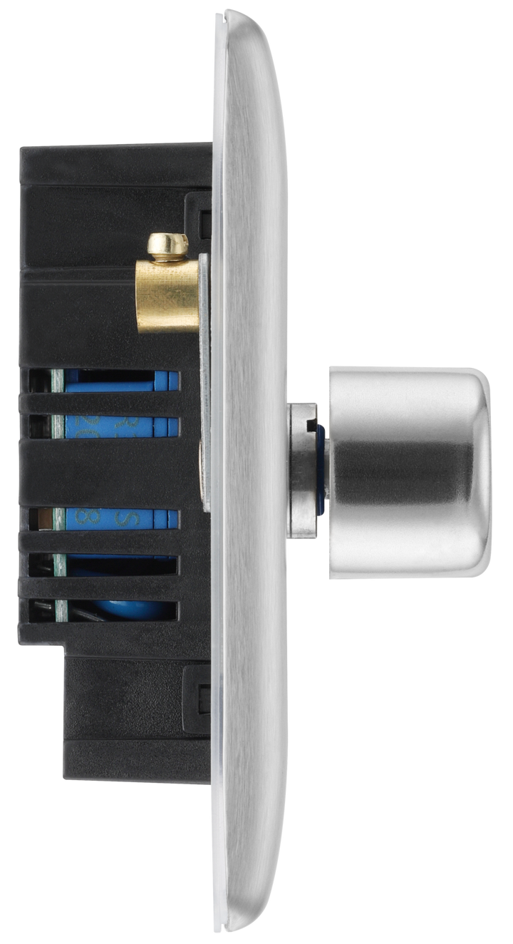  NBS84 Side -This trailing edge quadruple dimmer switch from British General allows you to control your light levels and set the mood. The intelligent electronic circuit monitors the connected load and provides a soft-start with protection against thermal, current and voltage overload.