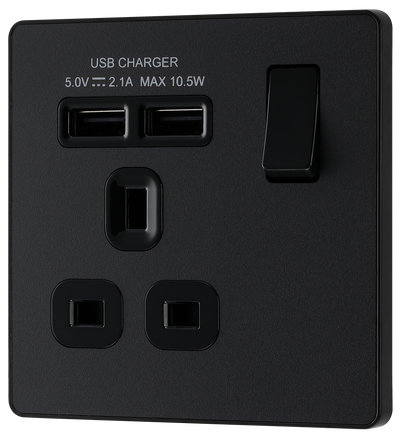 BG Evolve PCDMB21U2B Matt Black 1 Gang 13A 2.1A Socket-Black Insert