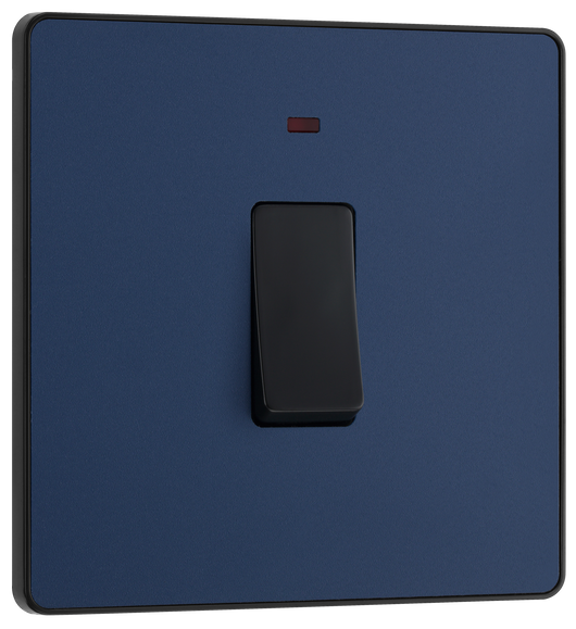 PCDDB31B Front -This Evolve Matt Blue 20A double pole switch with indicator from British General has been designed for the connection of refrigerators, water heaters, central heating boilers and many other fixed appliances.