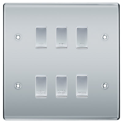 BG Polished Chrome 6 Gang Engraved Custom Labelled Appliance Grid Switch by British General (BG-POLISHED-CHROME-CUSTOM-6GANG-SWITCH)
