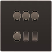 BG Screwless Black Nickel 6 Gang Switch 4x Trailing Edge LED Dimmer 2x Intermediate Custom Grid by British General (BG-SCRL-BN-6G-CUSTOM-4x-Dimmer-2x-INT)