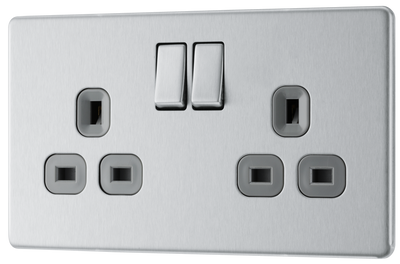 FBS22G Front - This Screwless Flat plate brushed steel finish 13A double switched socket from British General has a sleek flat profile that clips on and off for screwless appearance and an anti-fingerprint lacquer with no visible plastic around the switches for a premium finish.