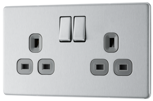 FBS22G Front - This Screwless Flat plate brushed steel finish 13A double switched socket from British General has a sleek flat profile that clips on and off for screwless appearance and an anti-fingerprint lacquer with no visible plastic around the switches for a premium finish.