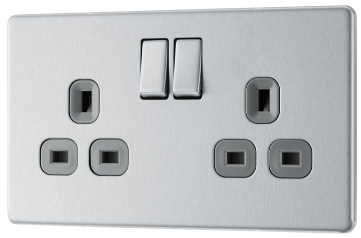 FBS22G Front - This Screwless Flat plate brushed steel finish 13A double switched socket from British General has a sleek flat profile that clips on and off for screwless appearance and an anti-fingerprint lacquer with no visible plastic around the switches for a premium finish.