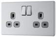 FBS22G Front - This Screwless Flat plate brushed steel finish 13A double switched socket from British General has a sleek flat profile that clips on and off for screwless appearance and an anti-fingerprint lacquer with no visible plastic around the switches for a premium finish.