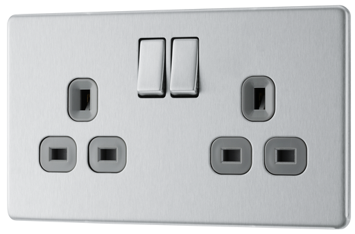 FBS22G Front - This Screwless Flat plate brushed steel finish 13A double switched socket from British General has a sleek flat profile that clips on and off for screwless appearance and an anti-fingerprint lacquer with no visible plastic around the switches for a premium finish.