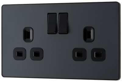 PCDMG22B Front - This Evolve Matt Grey 13A double switched socket from British General has been designed with angled in line colour coded terminals and backed out captive screws for ease of installation, and fits a 25mm back box making it an ideal retro-fit replacement for existing sockets.