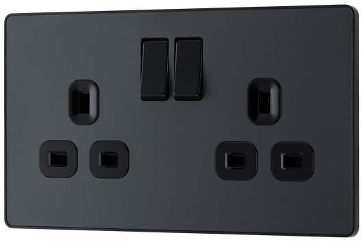 PCDMG22B Front - This Evolve Matt Grey 13A double switched socket from British General has been designed with angled in line colour coded terminals and backed out captive screws for ease of installation, and fits a 25mm back box making it an ideal retro-fit replacement for existing sockets.