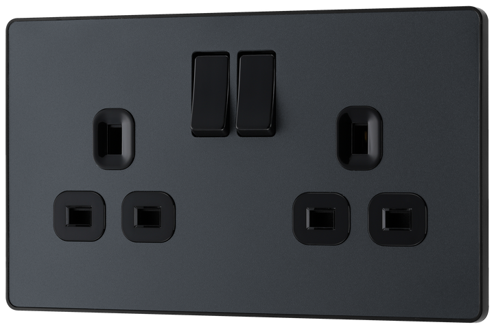 PCDMG22B Front - This Evolve Matt Grey 13A double switched socket from British General has been designed with angled in line colour coded terminals and backed out captive screws for ease of installation, and fits a 25mm back box making it an ideal retro-fit replacement for existing sockets.