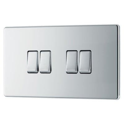 BG Screwless Polished Chrome 20A 16AX 2 Way Quadruple Light Switch FPC44 with 35mm Steel Back Box