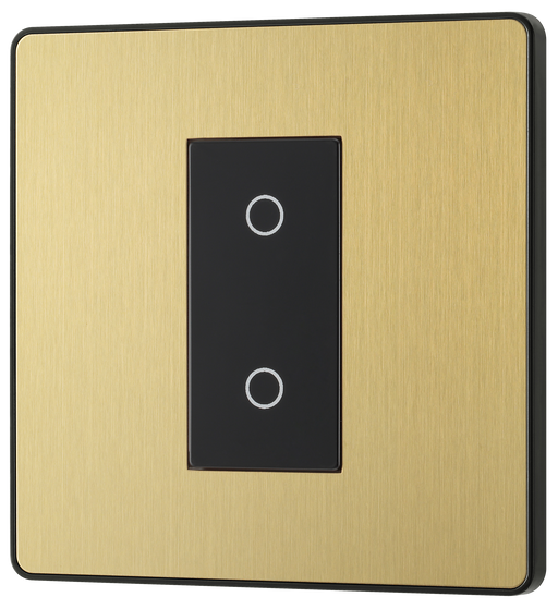 PCDSBTDM1B Front - This Evolve Satin Brass single master trailing edge touch dimmer allows you to control your light levels and set the mood.