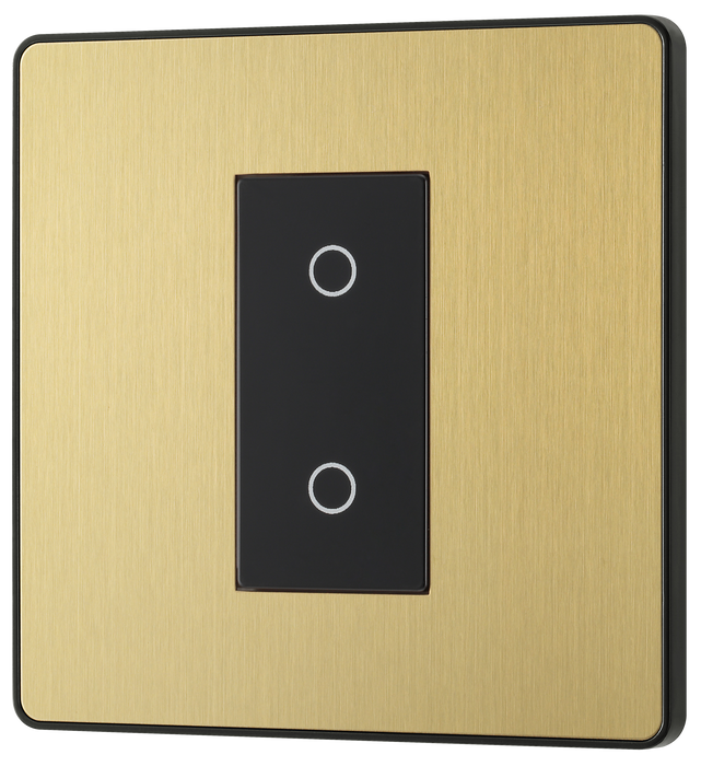 PCDSBTDM1B Front - This Evolve Satin Brass single master trailing edge touch dimmer allows you to control your light levels and set the mood.