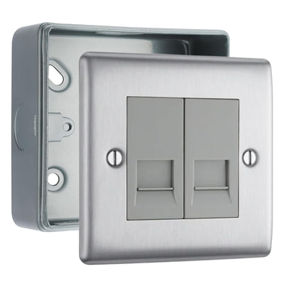 BG Nexus Brushed Steel Double RJ11 Data Outlet with Surface Pattress Back Box by British General (BG-NBSRJ112+MC501)