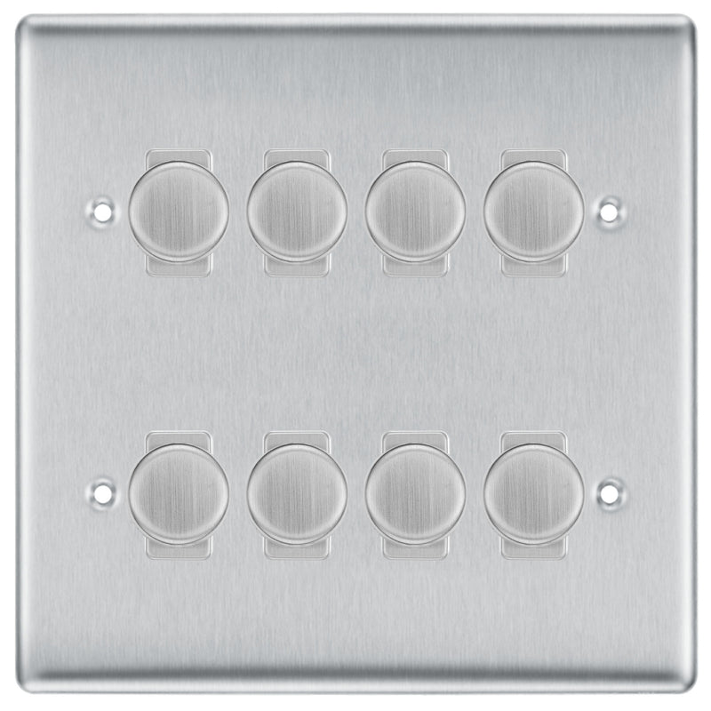 BG Brushed Steel 8 Gang Trailing Edge LED Dimmer Light Switch 2 Way Custom Switch