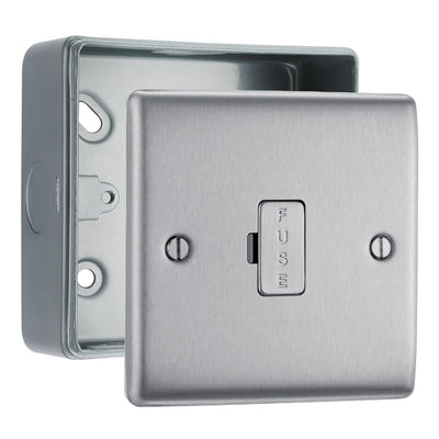 BG Nexus Brushed Steel 13A Unswitched Fused Connection Unit & Surface Pattress Back Box by British General (BG-NBS54+MC501)