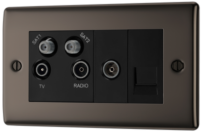 BG NBN69 Nexus Metal Black Nickel 4 Gang 1x TV 1x FM 2x Satellite 1x Telephone Screened Quadplex Socket Outlet