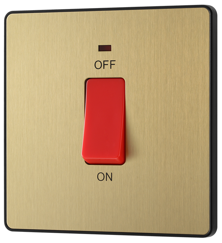 PCDSB74B Front - This Evolve Satin Brass 45A double pole switch with indicator from British General is ideal for use with cookers and ovens. This switch has a low profile screwless flat plate that clips on and off, making it ideal for modern interiors.