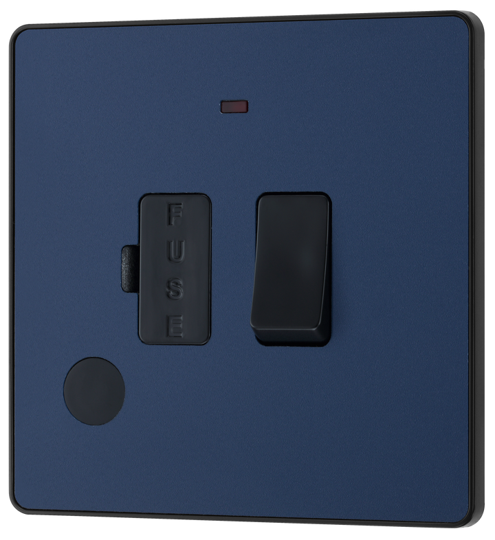 PCDDB52B Front -This Evolve Matt Blue 13A fused and switched connection unit from British General with power indicator provides an outlet from the mains containing the fuse, ideal for spur circuits and hardwired appliances.