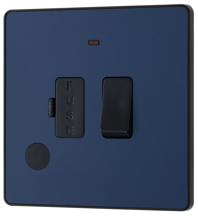 PCDDB52B Front -This Evolve Matt Blue 13A fused and switched connection unit from British General with power indicator provides an outlet from the mains containing the fuse, ideal for spur circuits and hardwired appliances.