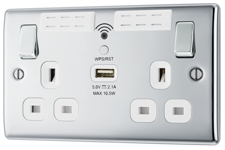 NPC22UWRW Front - This 13A double power socket with integrated Wi-Fi Extender from British General will eliminate dead spots and expand your Wi-Fi coverage.