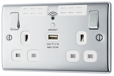 BG NPC22UWRW Nexus Metal Polished Chrome 2 Gang 13A 1x USB-A 2.1A Wi-Fi Range Extender Switched Socket