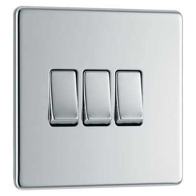 BG Screwless Polished Chrome 20A 16AX 2 Way Triple Light Switch FPC43 with 35mm Steel Back Box