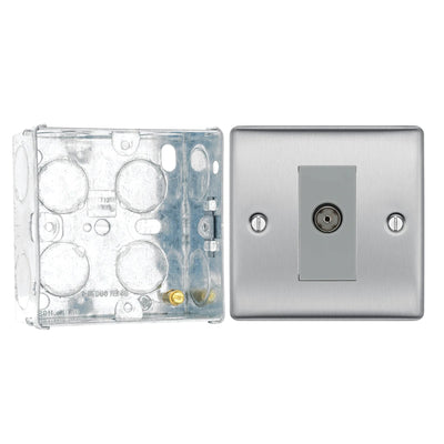 BG Nexus Brushed Steel Single Isolated Co-Axial Socket NBS62 with 35mm Steel Back Box