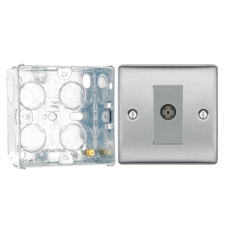 BG Nexus Brushed Steel Single Isolated Co-Axial Socket NBS62 with 35mm Steel Back Box