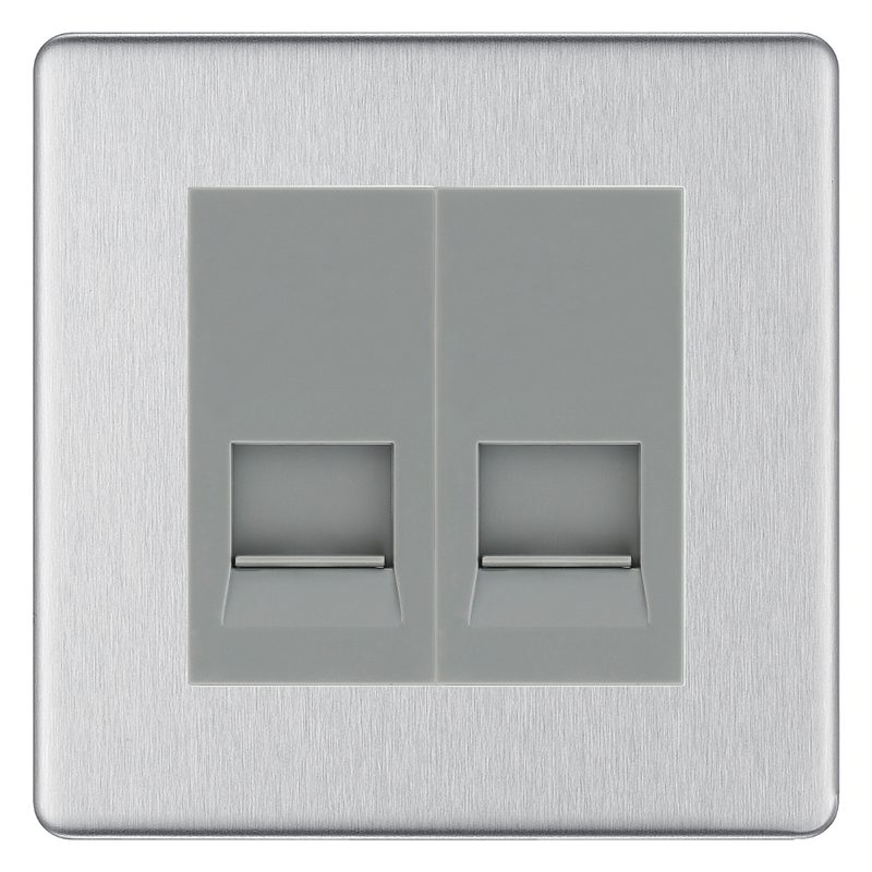 BG Screwless Polished Chrome Double Secondary Telephone Socket, Screw Terminal - Grey Insert