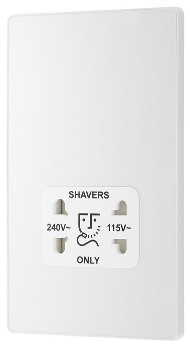PCDCL20W Front - This Evolve pearlescent white dual voltage shaver socket from British General is suitable for use with 240V and 115V shavers and electric toothbrushes.