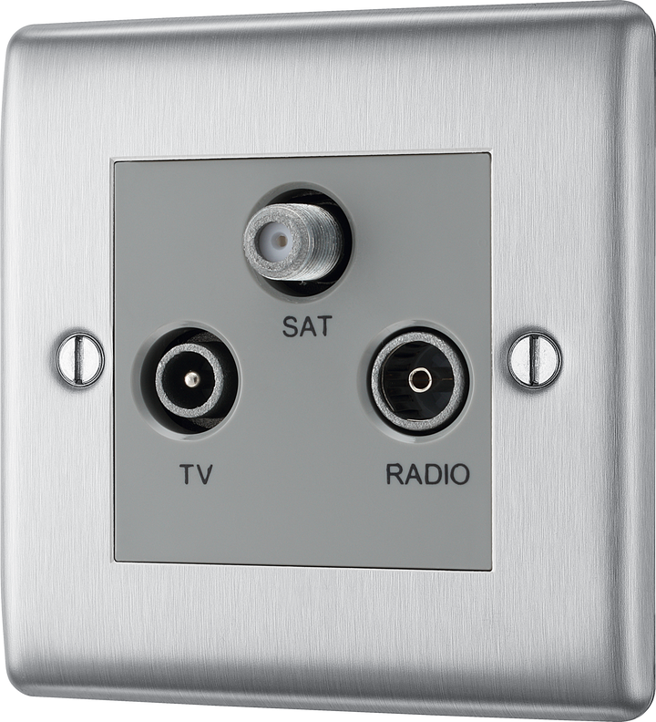 NBS67 Front - This screened Triplex socket from British General has an outlet for TV FM and satellite, with each outlet clearly labelled for ease of identification.